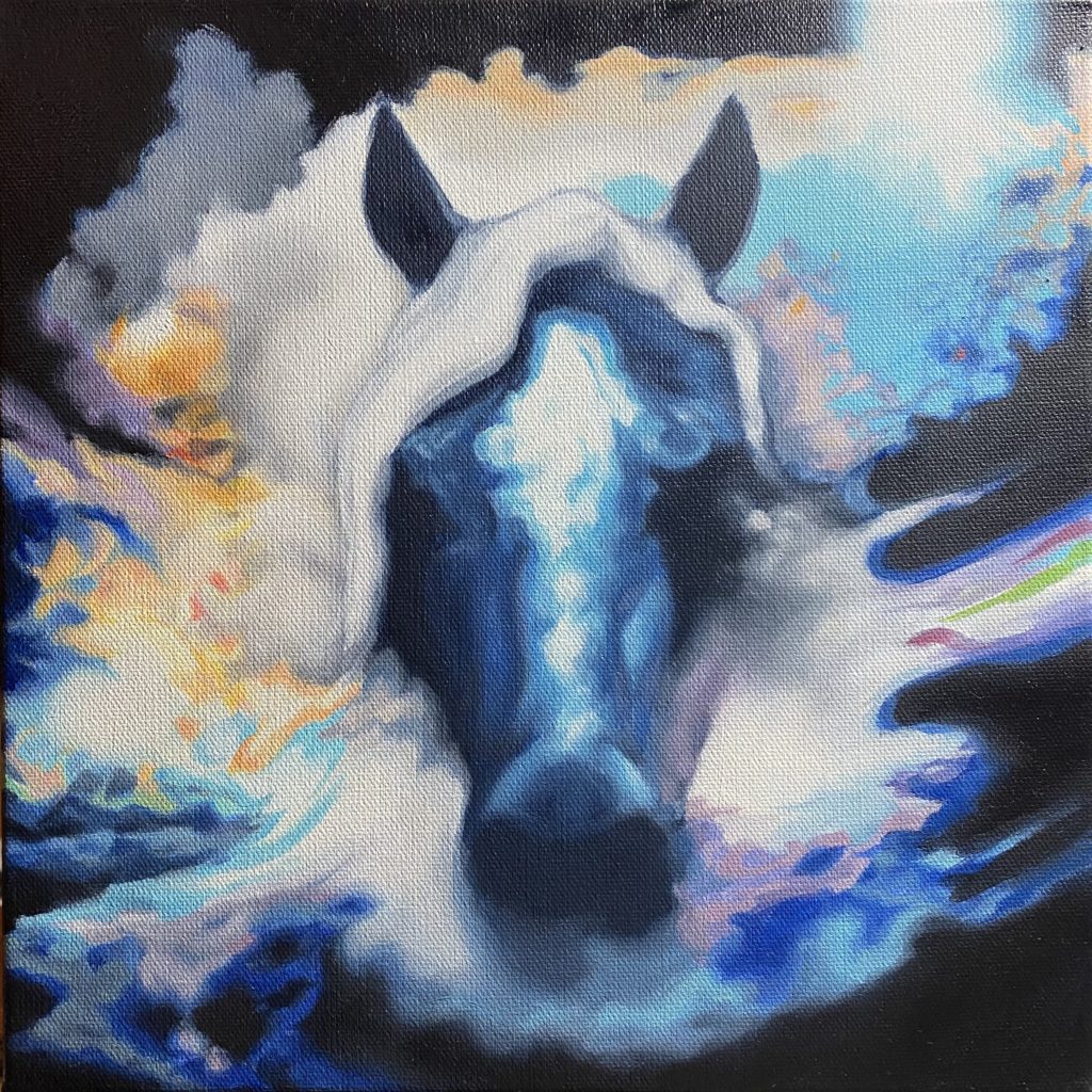 Painting of Horse head in rainbow clouds